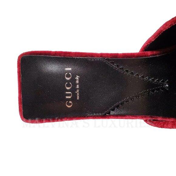 GUCCI SHOES GG LOGO BURGUNDY VELVET w BOW DETAIL SLIDES sz 38 8 US - Picture 11 of 15
